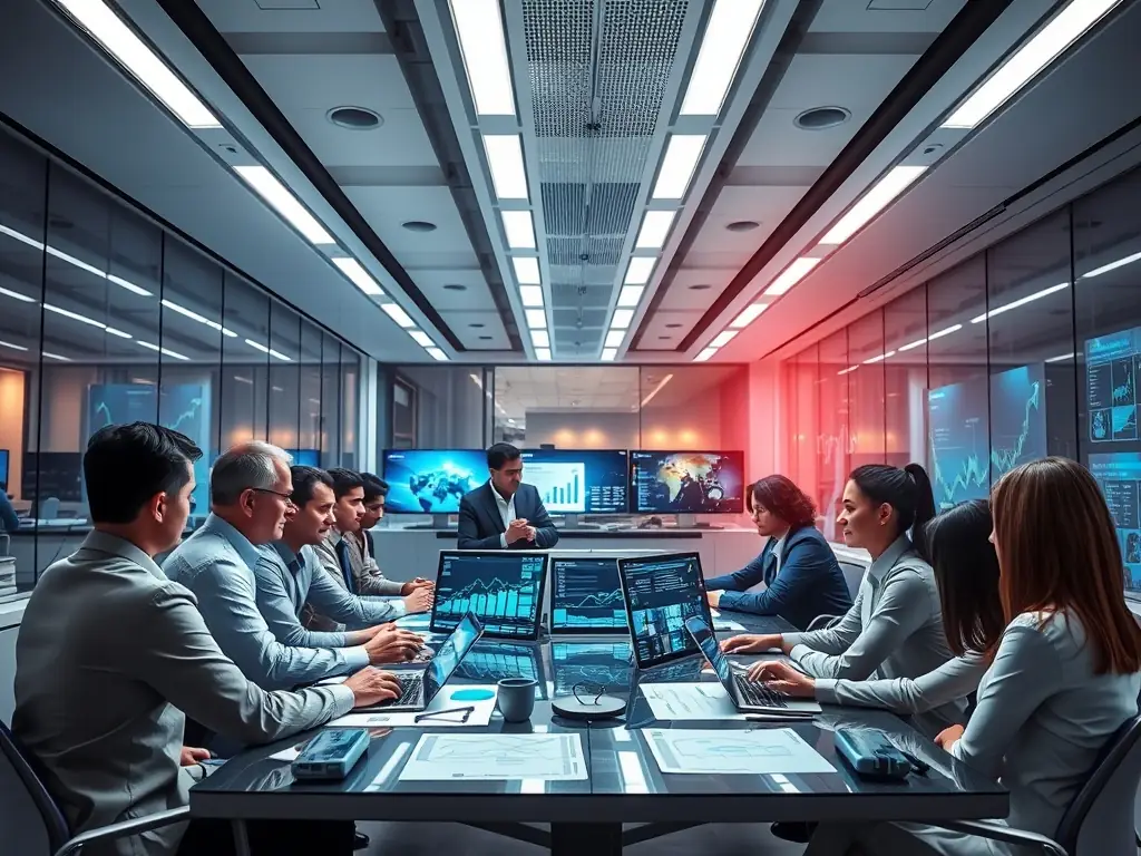 A professional workspace with team members collaborating on SEO strategies, analyzing keyword data on multiple screens, and optimizing website content for search engines.