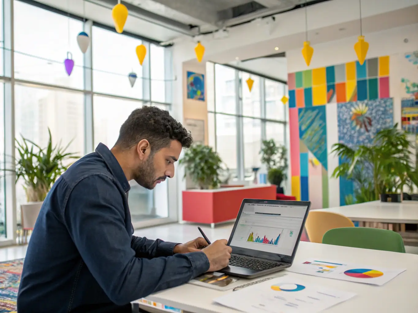 A focused individual managing a Google Ads campaign, adjusting bids, analyzing performance metrics, and optimizing ad copy for maximum ROI.