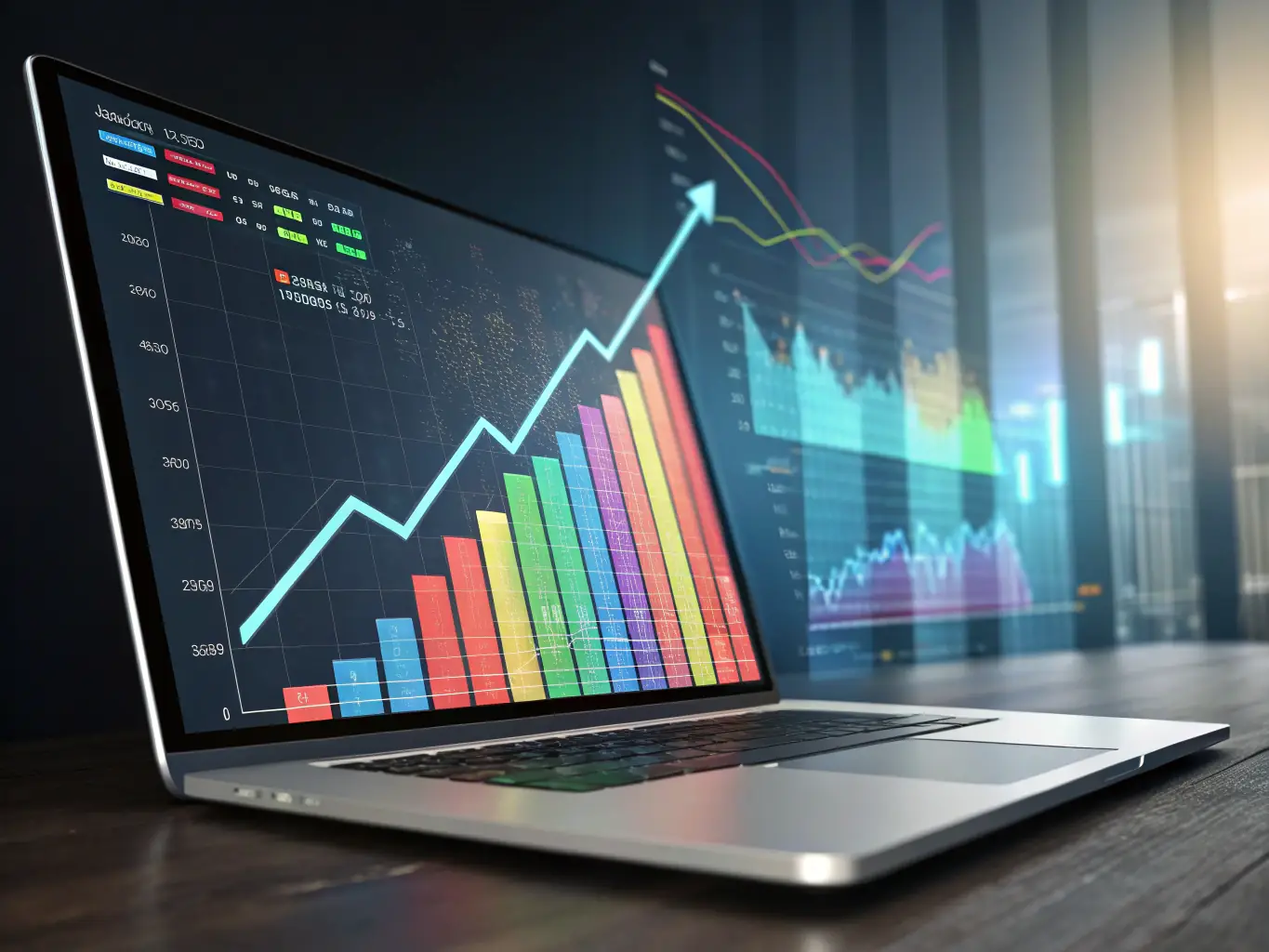 A visually striking image depicting a search engine results page with upward trending graphs and keywords highlighted, symbolizing the effectiveness of SEO strategies.